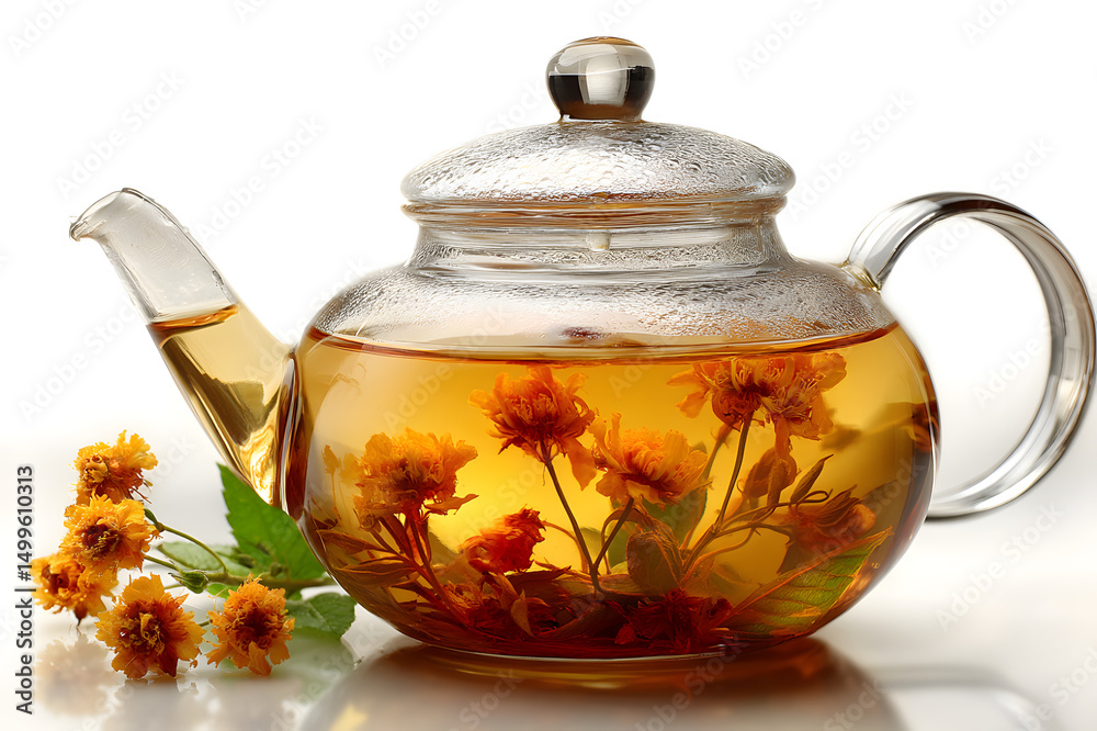 edible flower tea infusion in glass teacup with petals, herbal healthy drink, Chinese traditional medicine remedy. edible flower tea infusion in glass teacup with petals, herbal healthy drink, Chinese traditional medicine remedy.
