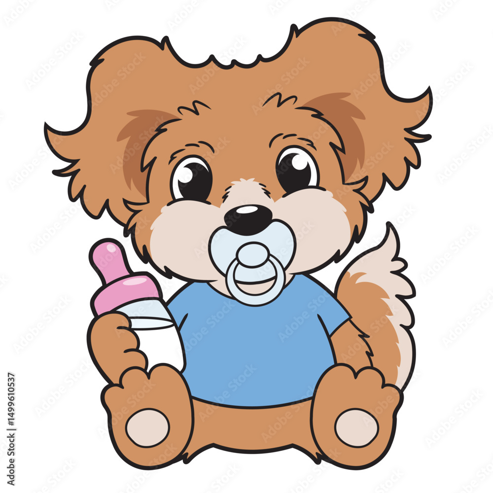 Obraz premium Cartoon illustration of cute little puppy with dummy and milk bottle
