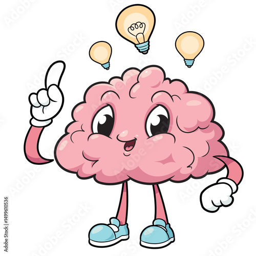 Cartoon illustration of cute brain has an idea on white background