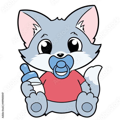 Cartoon illustration of cute little kitten with dummy and milk bottle