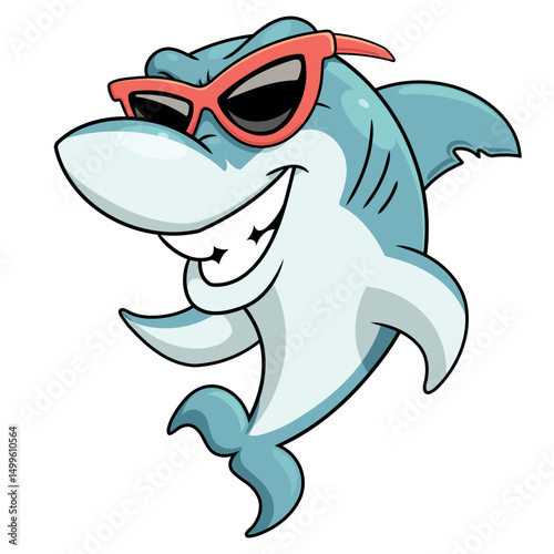 Cartoon illustration of smiling shark in sunglasses on white background