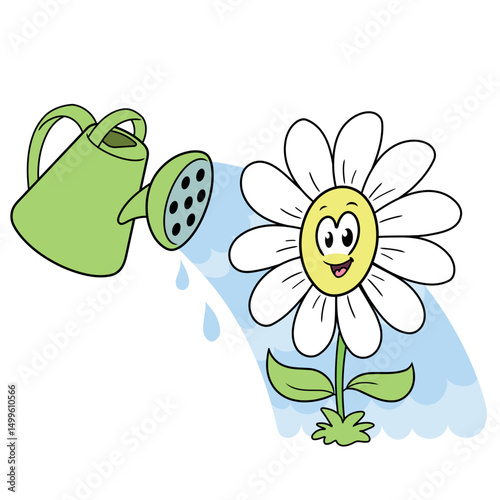 Cartoon illustration of watering can and smiling flower on white background