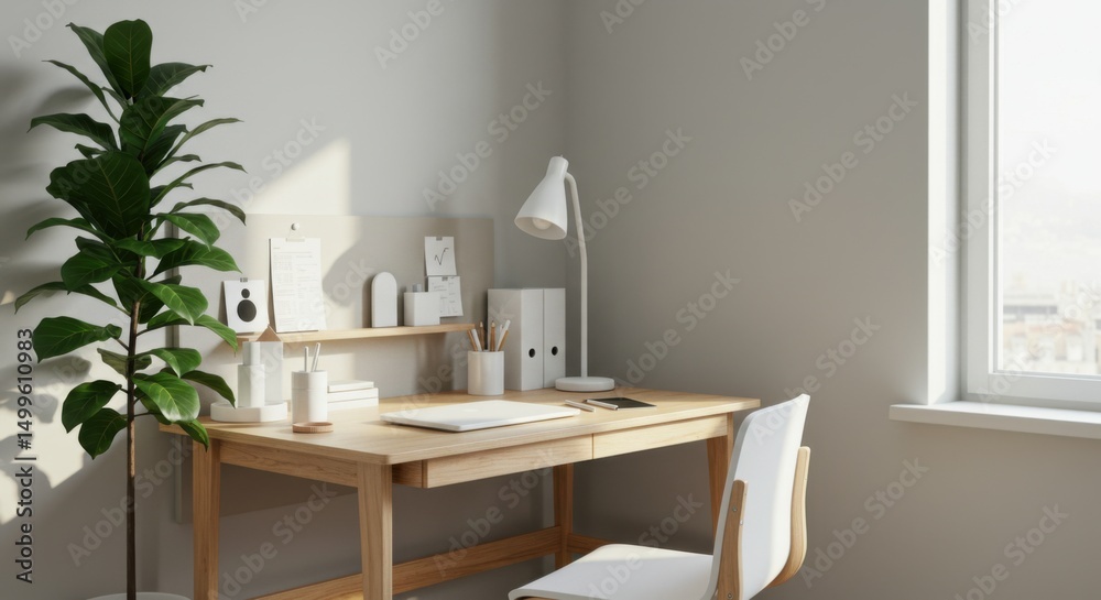 Compact Birch Desk Workspace with Houseplant Compact Birch Desk Workspace with Houseplant