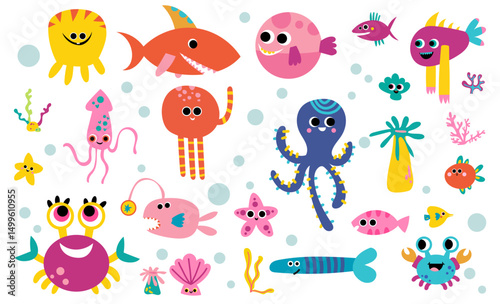 Underwater cartoon ocean fish animal life. game vector set Marine whale octopus vector illustration aquarium set.