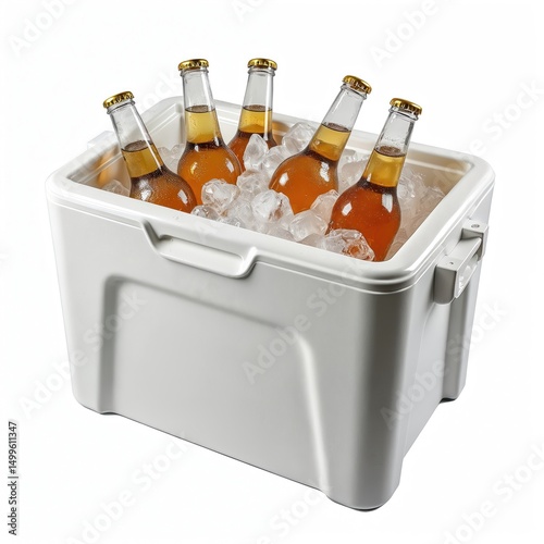 White cooler box with cold beer bottles and ice inside. Plastic box perfect for beach picnics and outdoor summer parties. Cool beverages. Refreshing drinks at hot weather.