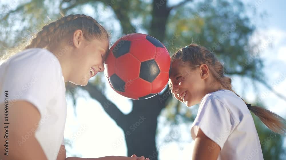 Children playing ball in the park sun glare cheerfully. Child kid game concept. Group of girls and kids playing soccer together. Group of children and girls play soccer together in lifestyle a team.