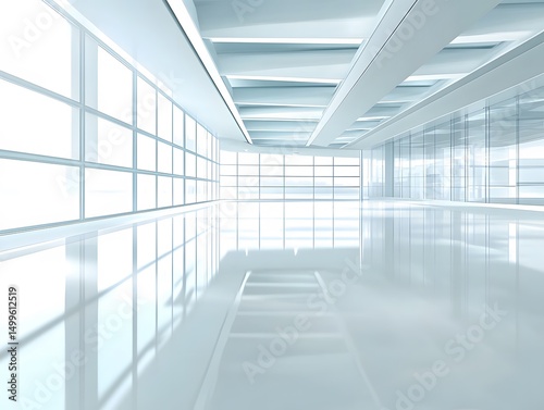 3d interior render of clean open office with glass wall reflections