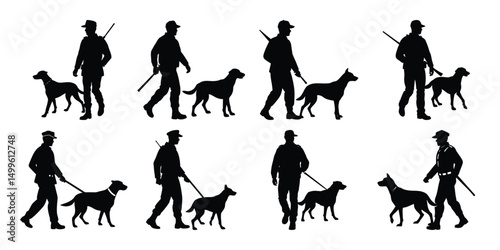 Vector set of a police man with dog. Silhouettes of officer with hunting dog.
