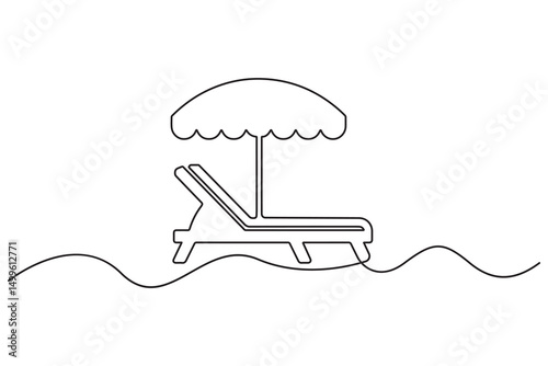 Continuous Line Drawing of Summer beach sunbed, Single line art sea umbrella and chair Vector Illustration
