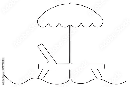 Continuous Line Drawing of Summer beach sunbed, Single line art sea umbrella and chair Vector Illustration
