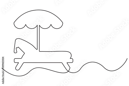 Continuous Line Drawing of Summer beach sunbed, Single line art sea umbrella and chair Vector Illustration
