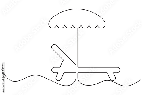 Continuous Line Drawing of Summer beach sunbed, Single line art sea umbrella and chair Vector Illustration
