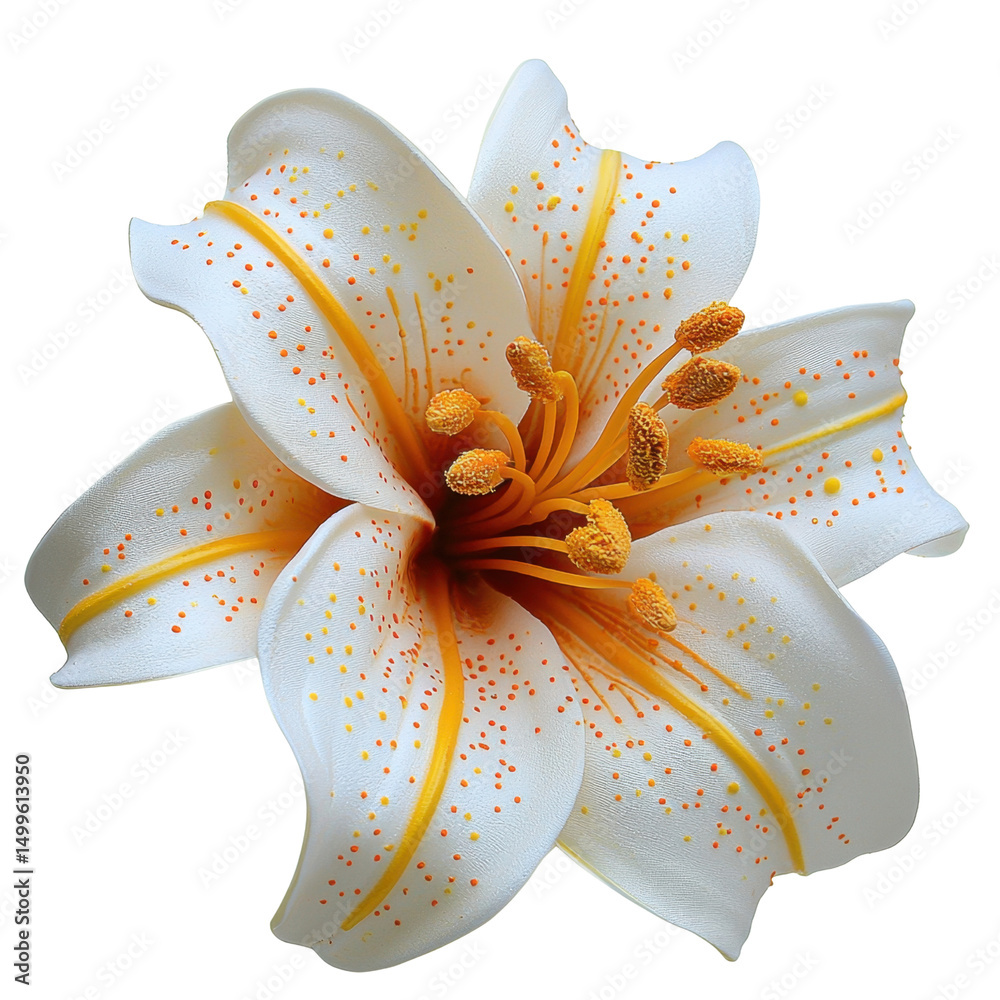 Fototapeta premium Beautiful white lily flower with orange and yellow accents showcasing delicate petals and vibrant stamen details transparent background png