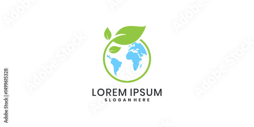Ecology world logo vector design, combination earth and leaf symbol