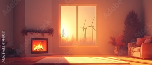 A yellow chair is in front of a fireplace