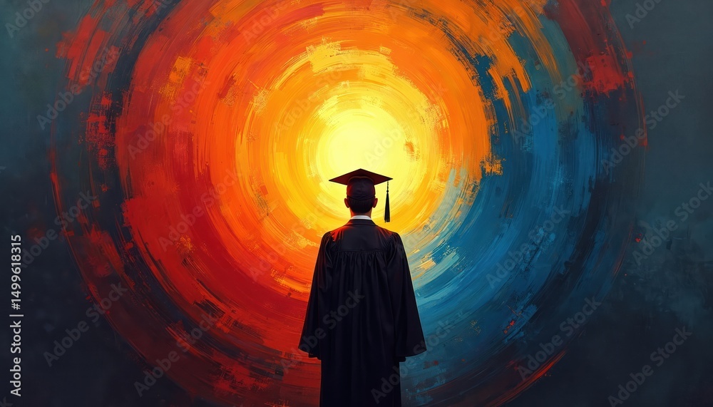 © Vadym - Illustration features graduate in cap, gown, standing before colorful abstract background. Represents education, future, success. Concept art with vibrant colors, artistic representation of academic