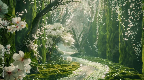 Magic garden blooming entrance portal. follow your intuition. glowing flowers and path between trees. emotional, and spiritual concept.  Generative AI