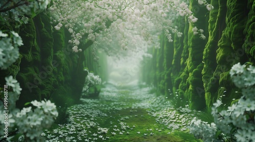 Fresh spring morning haze blooming entrance portal to the magical forest. follow your intuition. glowing flowers and path between trees. emotional, and spiritual concept.  Generative AI