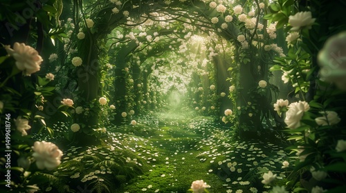 blooming entrance portal to the magical forest. follow your intuition. glowing flowers and path between trees. emotional, and spiritual concept.  Generative AI