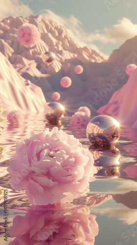 golden spheres and huge pink peonies floating on water surreal romantic aesthetic universe of nature. Generative AI. original mental, emotional mood foggy moody mountain peaks. vertical composition