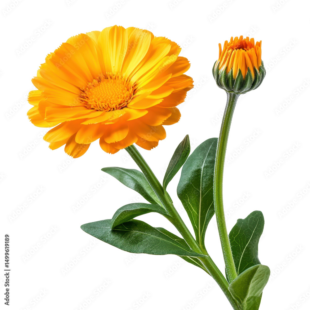 Fototapeta premium Bright and Vibrant Marigold Flower with Green Leaves Isolated on White Background for Floral Designs and Decor transparent background png