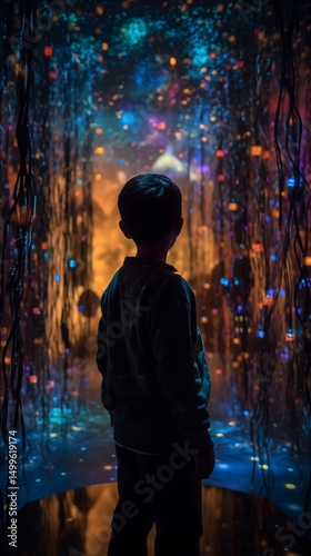 child stands silhouetted in the center of a glowing tunnel of cascading lights, bathed in vibrant blue, orange, and purple hues—immersed in a dreamlike, futuristic, and magical atmosphere.


