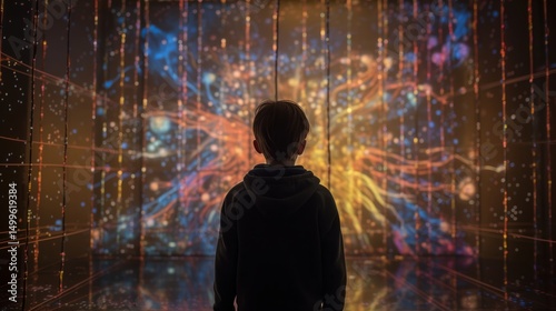 kid boy stands mesmerized in a glowing digital room filled with cascading lights and floating data. The scene evokes curiosity, nostalgia, and emotional wonder through immersive storytelling and light