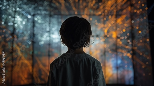 boy stands mesmerized in a glowing digital room filled with cascading lights and floating data. The scene evokes curiosity, nostalgia, and emotional wonder through immersive storytelling and light