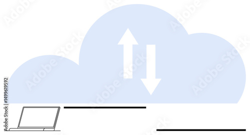 Cloud and arrows illustrating data upload and download above a connected laptop. Ideal for technology, cloud computing, data transfer, online storage, networking, digital tools, and IT solutions