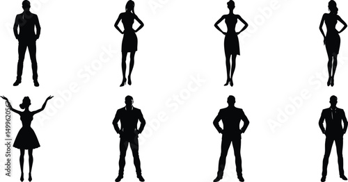 Silhouettes of people, man and women group standing vector on white background