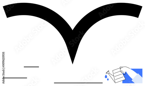 Black curved shape dominates the design while a hand pours liquid from a rectangle carton. Ideal for abstraction, simplicity, flow, design, motion, liquid, imbalance. Flat simple metaphor