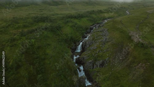 Aerial landscape with waterfall cutting across hillside