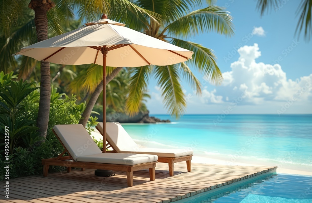 Obraz premium Sun loungers with white sun umbrella on tropical beach. Palm trees, blue ocean view. Wooden deck, swimming pool. Vacation, travel, relaxation, holiday, rest. Beach chair, sand, sea, lifestyle,