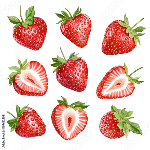 Fresh, juicy strawberries, whole and halved, arranged in a grid pattern.  Detailed and realistic depictions of the fruit, highlighting textures and vibrant colors