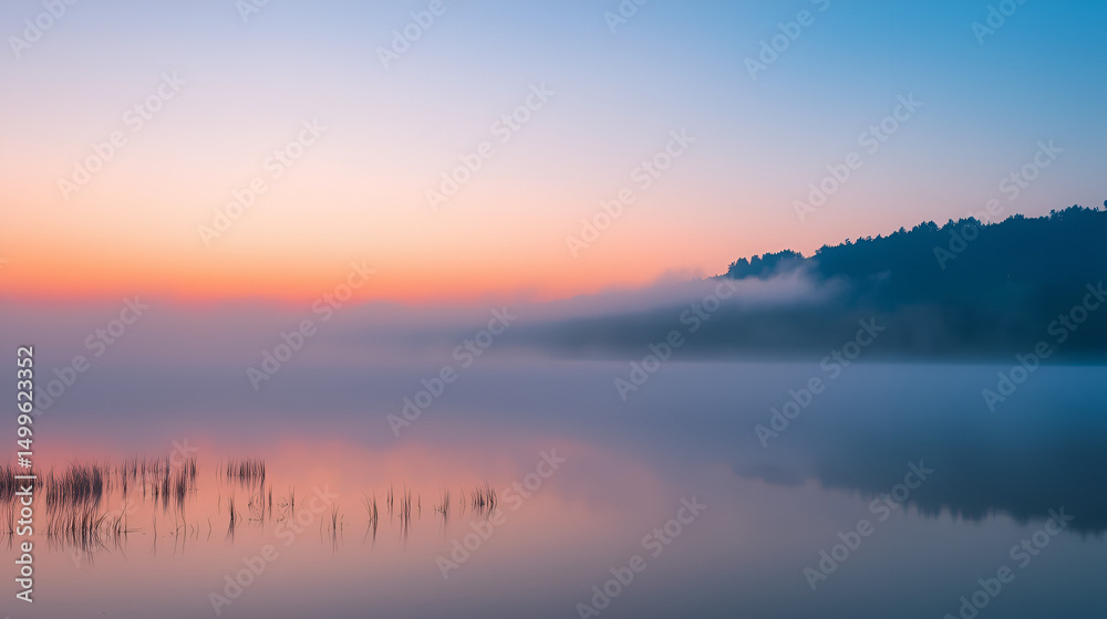 Fototapeta premium A dreamy and tranquil lakeside landscape at twilight, bathed in soft, pastel hues of pink and blue, with a blanket of mist settling over the water