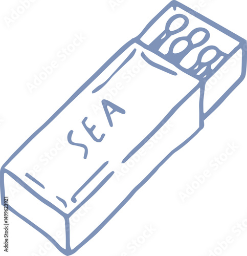Hand drawn open matchbox illustration with matches, blue whimsical sea core illustration