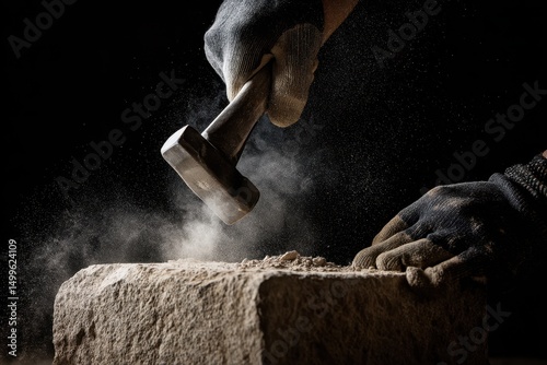 Skilled Asian Construction Worker Engaged in Precision Stone Cutting Demonstrating Manual Expertise in the Industry Close Up
