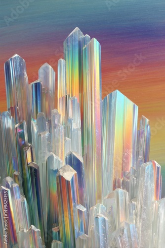 Iridescent holographic crystal wall with silver spires against multicolor gradient sky, ideal for tech branding materials, VR environments, and digital art concepts.

