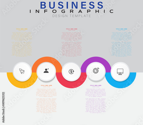  5 Step Business Infographic Template with Overlapping Rounded Colored Shapes, Flowing Circular Pattern