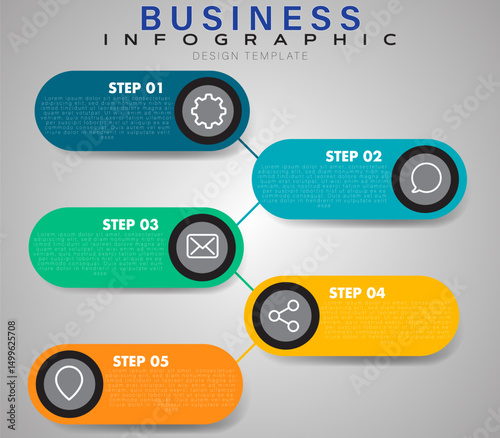 5 Step or Stages Business Infographic Template with  Textured Colored Ovals, Flow Layout