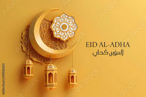 Elegant eid al-Adha illustration with crescent moon and lanterns on yellow background