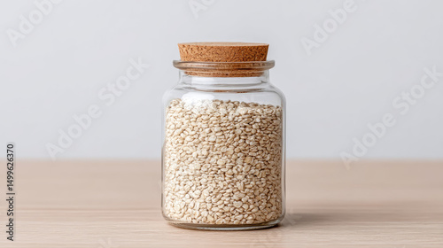 Jar filled with grains on wooden surface in bright setting