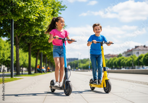 Deux amis en trottinette électrique photo