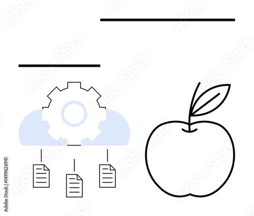 Gear on cloud with connected documents beside apple outline representing harmony, innovation, and nature. Ideal for healthtech, sustainability, cloud storage, knowledge transfer, balance