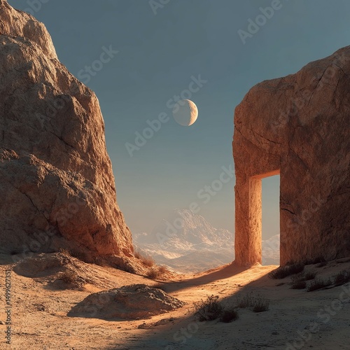 Desert scene under sunrisesunset with two large sandstone rock formations, meandering pathway, sparse vegetation, earthy color palette, soft sky gradient, no human figures - AI-Generated photo