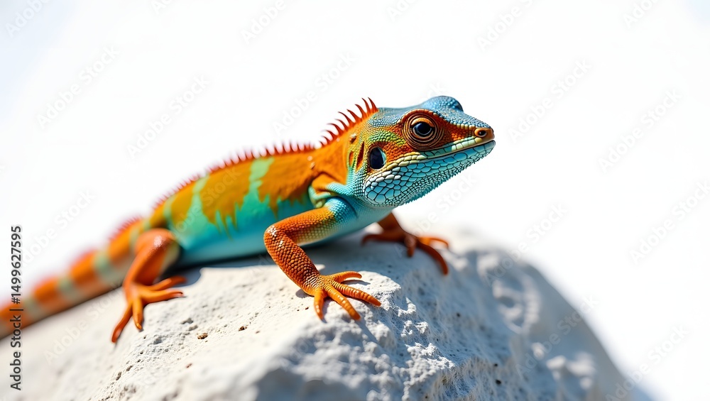 Naklejka premium Close-Up Colorful Reptile on Sunlit Marble Rock Background
