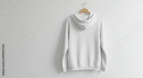 White Hoodie Mockup: A clean, minimalist image showcasing a blank white hoodie hanging on a wooden hanger against a neutral background. Perfect for showcasing your designs or branding. 
