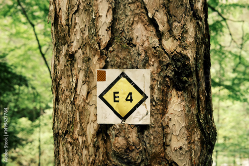 E4 European hiking trail marker on tree. Close-up of an E4 trail sign attached to a tree trunk in the forested region of Mount Olympus, Greece, guiding hikers. photo