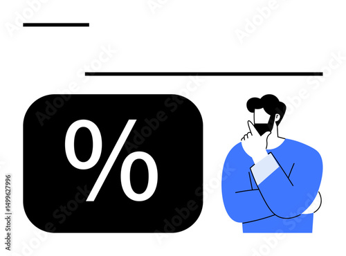 Man in blue pondering next to bold percentage mark, symbolizing financial planning, data analysis, profit calculation, market trends, discounts, mathematics, flat simple metaphor