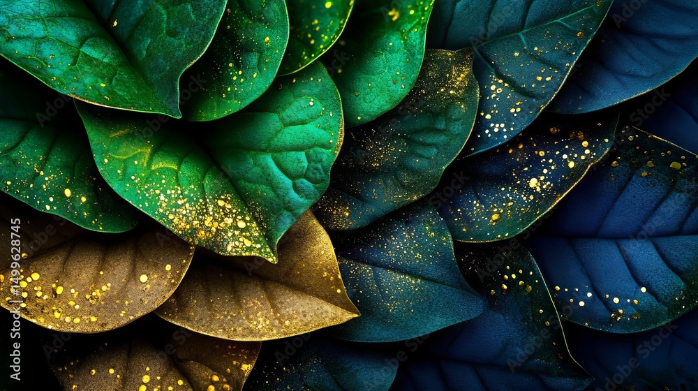 Fototapeta premium Green and blue leaves display golden speckles in a tightly arranged overlapping pattern, creating a nature-inspired design.